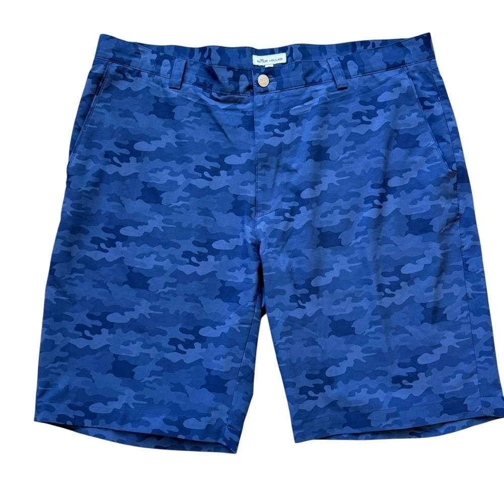 Peter Millar Crown Sport Golf Shorts Men's 38 Blue Camouflage Stretch 10” Inseam